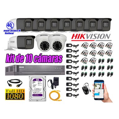 CÁMARA SEGURIDAD HIKVISION KIT 10 FULL HD VARIFOCAL MAYOR ALCANCE 1080P DISCO DURO 2TB