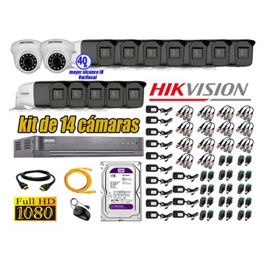 CÁMARA SEGURIDAD HIKVISION KIT 14 FULL HD VARIFOCAL MAYOR ALCANCE 1080P DISCO DURO 1TB