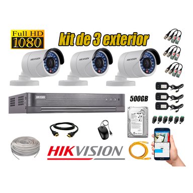 KIT 3 CÁMARA SEGURIDAD HIKVISION EXTERIOR FULL HD 1080P + DISCO 500 GB