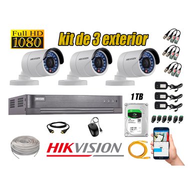 KIT 3 CÁMARA SEGURIDAD HIKVISION EXTERIOR FULL HD 1080P + DISCO 1 TB