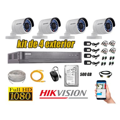 KIT 4 CÁMARA SEGURIDAD HIKVISION EXTERIOR FULL HD 1080P + DISCO 500 GB