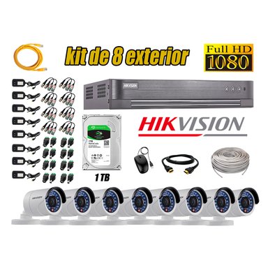 KIT 8 CÁMARA SEGURIDAD HIKVISION EXTERIOR FULL HD 1080P + DISCO 1 TB