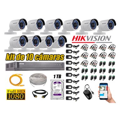 KIT 10 CÁMARA SEGURIDAD HIKVISION EXTERIOR FULL HD 1080P + DISCO 1 TB