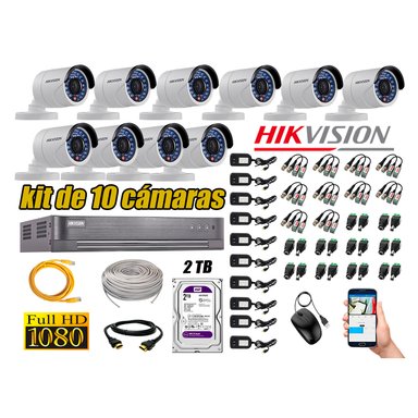 KIT 10 CÁMARA SEGURIDAD HIKVISION EXTERIOR FULL HD 1080P + DISCO 2 TB