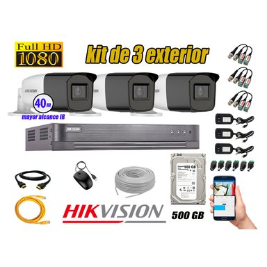 KIT 3 CÁMARA SEGURIDAD HIKVISION EXTERIOR VARIFOCAL FULL HD 1080P + DISCO 500 GB