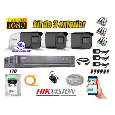 KIT 3 CÁMARA SEGURIDAD HIKVISION EXTERIOR VARIFOCAL FULL HD 1080P + DISCO 1 TB