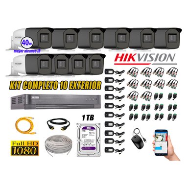 KIT 10 CÁMARA SEGURIDAD HIKVISION EXTERIOR VARIFOCAL FULL HD 1080P + DISCO 1 TB