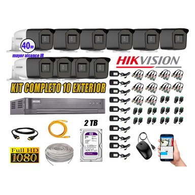KIT 10 CÁMARA SEGURIDAD HIKVISION EXTERIOR VARIFOCAL FULL HD 1080P + DISCO 2 TB