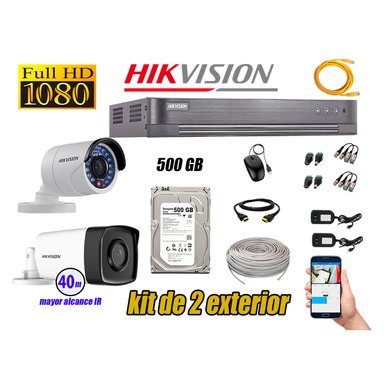 KIT 2 CÁMARA SEGURIDAD HIKVISION EXTERIOR FULL HD 1080P + DISCO 500 GB