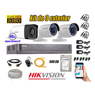 KIT 3 CÁMARA SEGURIDAD HIKVISION EXTERIOR FULL HD 1080P + DISCO 500 GB