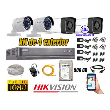 KIT 4 CÁMARA SEGURIDAD HIKVISION EXTERIOR FULL HD 1080P + DISCO 500 GB