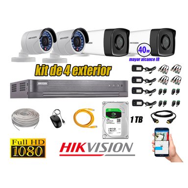 KIT 4 CÁMARA SEGURIDAD HIKVISION EXTERIOR FULL HD 1080P + DISCO 1 TB