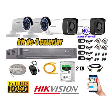 KIT 4 CÁMARA SEGURIDAD HIKVISION EXTERIOR FULL HD 1080P + DISCO 2 TB