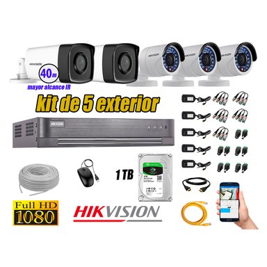 KIT 5 CÁMARA SEGURIDAD HIKVISION EXTERIOR FULL HD 1080P + DISCO 1 TB