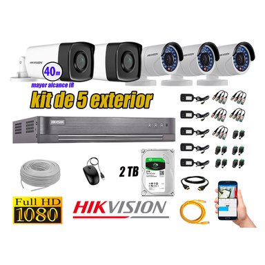 KIT 5 CÁMARA SEGURIDAD HIKVISION EXTERIOR FULL HD 1080P + DISCO 2 TB