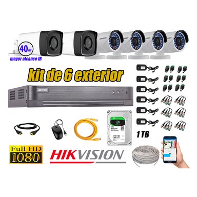 KIT 6 CÁMARA SEGURIDAD HIKVISION EXTERIOR FULL HD 1080P + DISCO 1 TB