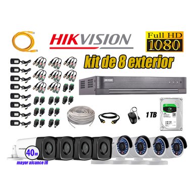 KIT 8 CÁMARA SEGURIDAD HIKVISION EXTERIOR FULL HD 1080P + DISCO 1 TB