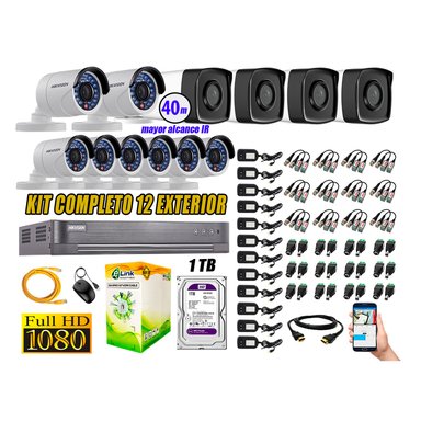 KIT 12 CÁMARA SEGURIDAD HIKVISION EXTERIOR FULL HD 1080P + DISCO 1 TB