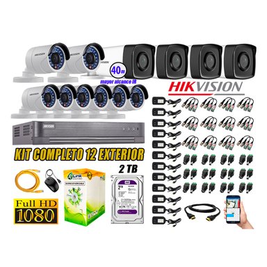 KIT 12 CÁMARA SEGURIDAD HIKVISION EXTERIOR FULL HD 1080P + DISCO 2 TB