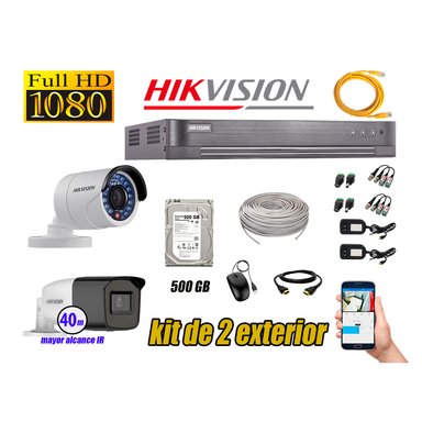 KIT 2 CÁMARA SEGURIDAD HIKVISION EXTERIOR FULL HD 1080P + DISCO 500 GB
