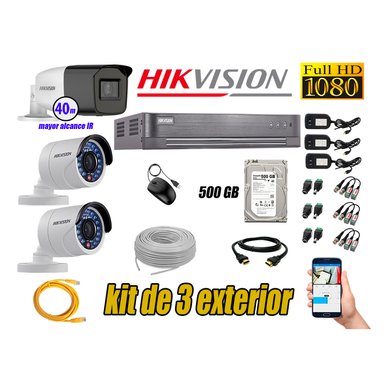 KIT 3 CÁMARA SEGURIDAD HIKVISION EXTERIOR FULL HD 1080P + DISCO 500 GB