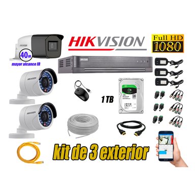 KIT 3 CÁMARA SEGURIDAD HIKVISION EXTERIOR FULL HD 1080P + DISCO 1 TB