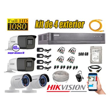 KIT 4 CÁMARA SEGURIDAD HIKVISION EXTERIOR FULL HD 1080P + DISCO 500 GB