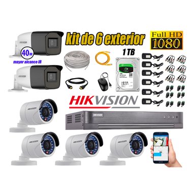 KIT 6 CÁMARA SEGURIDAD HIKVISION EXTERIOR FULL HD 1080P + DISCO 1 TB