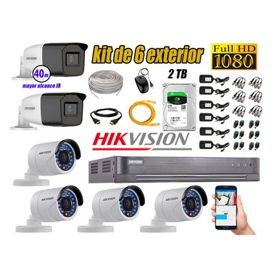 KIT 6 CÁMARA SEGURIDAD HIKVISION EXTERIOR FULL HD 1080P + DISCO 2 TB