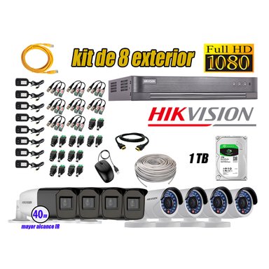 KIT 8 CÁMARA SEGURIDAD HIKVISION EXTERIOR FULL HD 1080P + DISCO 1 TB