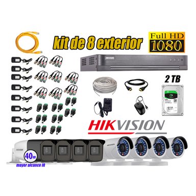 KIT 8 CÁMARA SEGURIDAD HIKVISION EXTERIOR FULL HD 1080P + DISCO 2 TB