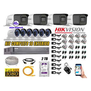 KIT 10 CÁMARA SEGURIDAD HIKVISION EXTERIOR FULL HD 1080P + DISCO 2 TB