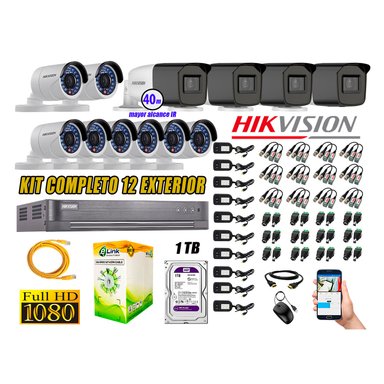 KIT 12 CÁMARA SEGURIDAD HIKVISION EXTERIOR FULL HD 1080P + DISCO 1 TB