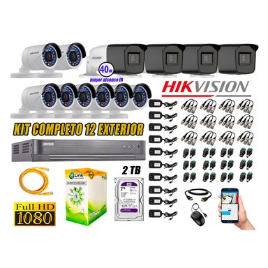 KIT 12 CÁMARA SEGURIDAD HIKVISION EXTERIOR FULL HD 1080P + DISCO 2 TB