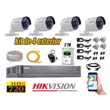 KIT 4 CÁMARA SEGURIDAD HIKVISION EXTERIOR HD 720P + DISCO 2 TB
