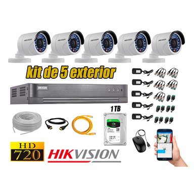KIT 5 CÁMARA SEGURIDAD HIKVISION EXTERIOR HD 720P + DISCO 1 TB