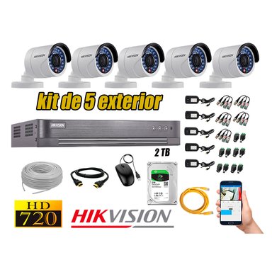 KIT 5 CÁMARA SEGURIDAD HIKVISION EXTERIOR HD 720P + DISCO 2 TB