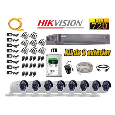 KIT 8 CÁMARA SEGURIDAD HIKVISION EXTERIOR HD 720P + DISCO 1 TB