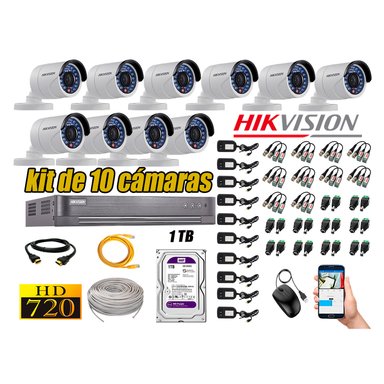 KIT 10 CÁMARA SEGURIDAD HIKVISION EXTERIOR HD 720P + DISCO 1 TB