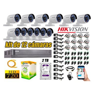 KIT 12 CÁMARA SEGURIDAD HIKVISION EXTERIOR HD 720P + DISCO 2 TB