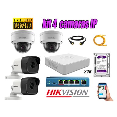 KIT 4 CÁMARA SEGURIDAD HIKVISION IP + DISCO WD PÚRPURA 2 TB