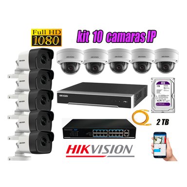 KIT 10 CÁMARA SEGURIDAD HIKVISION IP + DISCO WD PÚRPURA 2 TB