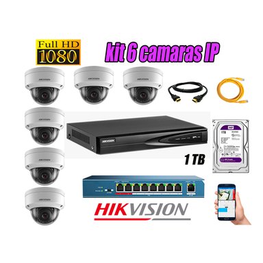 CÁMARA SEGURIDAD HIKVISION KIT 6 IP FULL HD INTERIOR | DISCO 1TB WD PÚRPURA | AUDIO INCORPORADO