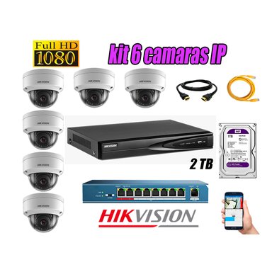 CÁMARA SEGURIDAD HIKVISION KIT 6 IP FULL HD INTERIOR | DISCO 2TB WD PÚRPURA | AUDIO INCORPORADO