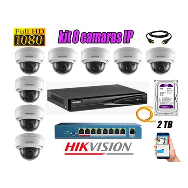 CÁMARA SEGURIDAD HIKVISION KIT 8 IP FULL HD INTERIOR | DISCO 2TB WD PÚRPURA | AUDIO INCORPORADO