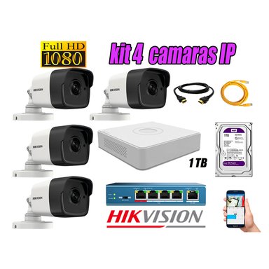 KIT 4 CÁMARA SEGURIDAD HIKVISION IP EXTERIOR + DISCO WD PÚRPURA 1 TB
