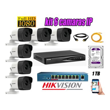 CÁMARA SEGURIDAD HIKVISION KIT 6 IP FULL HD EXTERIOR | DISCO 1TB WD PÚRPURA | AUDIO INCORPORADO