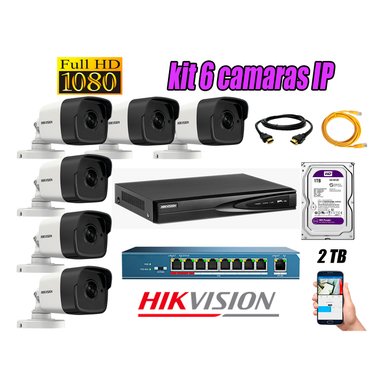 CÁMARA SEGURIDAD HIKVISION KIT 6 IP FULL HD EXTERIOR | DISCO 2TB WD PÚRPURA | AUDIO INCORPORADO