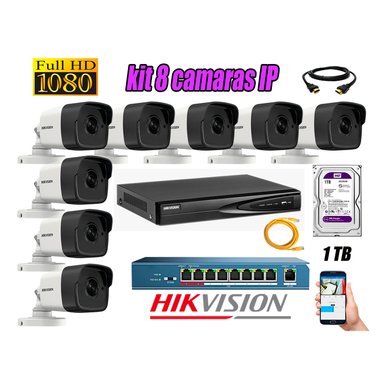 CÁMARA SEGURIDAD HIKVISION KIT 8 IP FULL HD EXTERIOR | DISCO 1TB WD PÚRPURA | AUDIO INCORPORADO