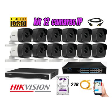 KIT 12 CÁMARA SEGURIDAD HIKVISION IP EXTERIOR + DISCO WD PÚRPURA 2 TB